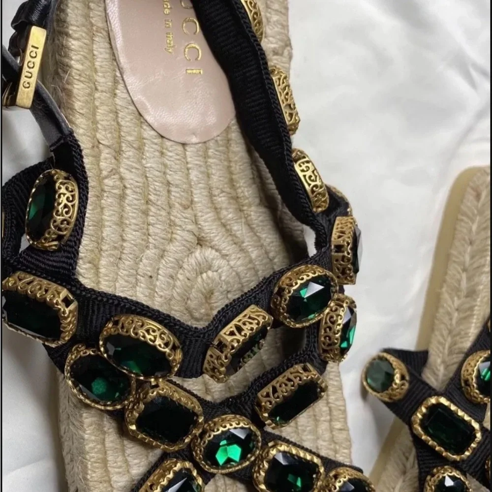 Gucci crystal embellished espadrille black grosgrain flat sandals - Picture 4 of 7